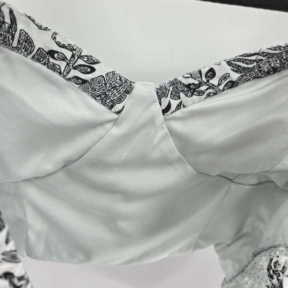 Japna White Black Tropical Leaves Lined Retro Cotton/Flax Blend Crop Top Large - Picture 6 of 6